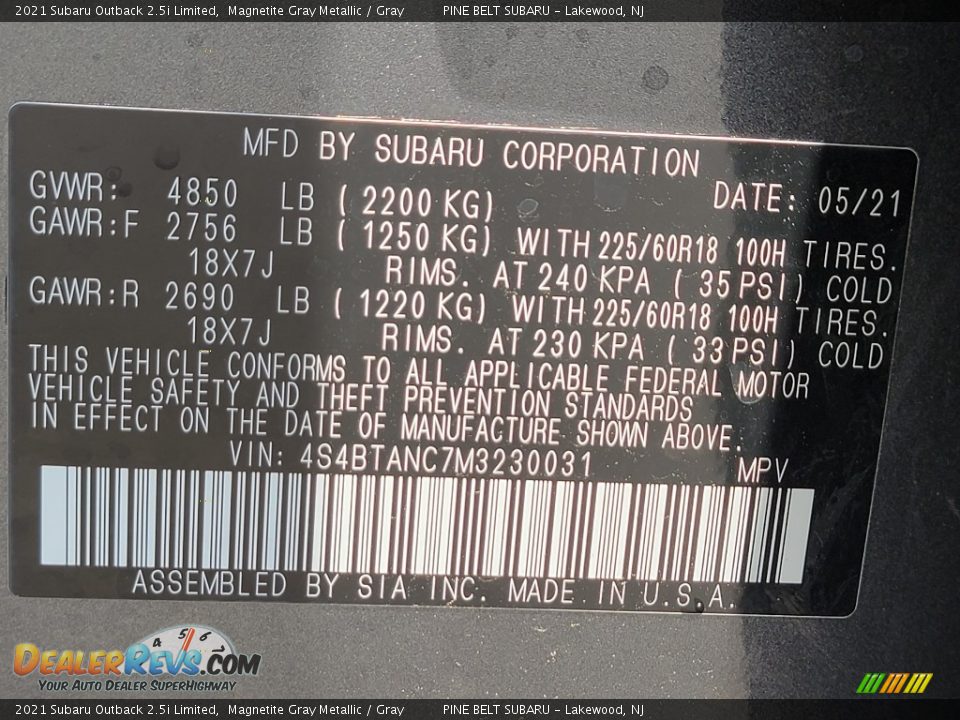2021 Subaru Outback 2.5i Limited Magnetite Gray Metallic / Gray Photo #14