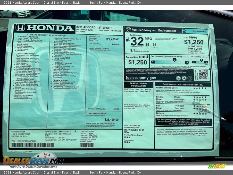 2021 Honda Accord Sport Window Sticker Photo #14