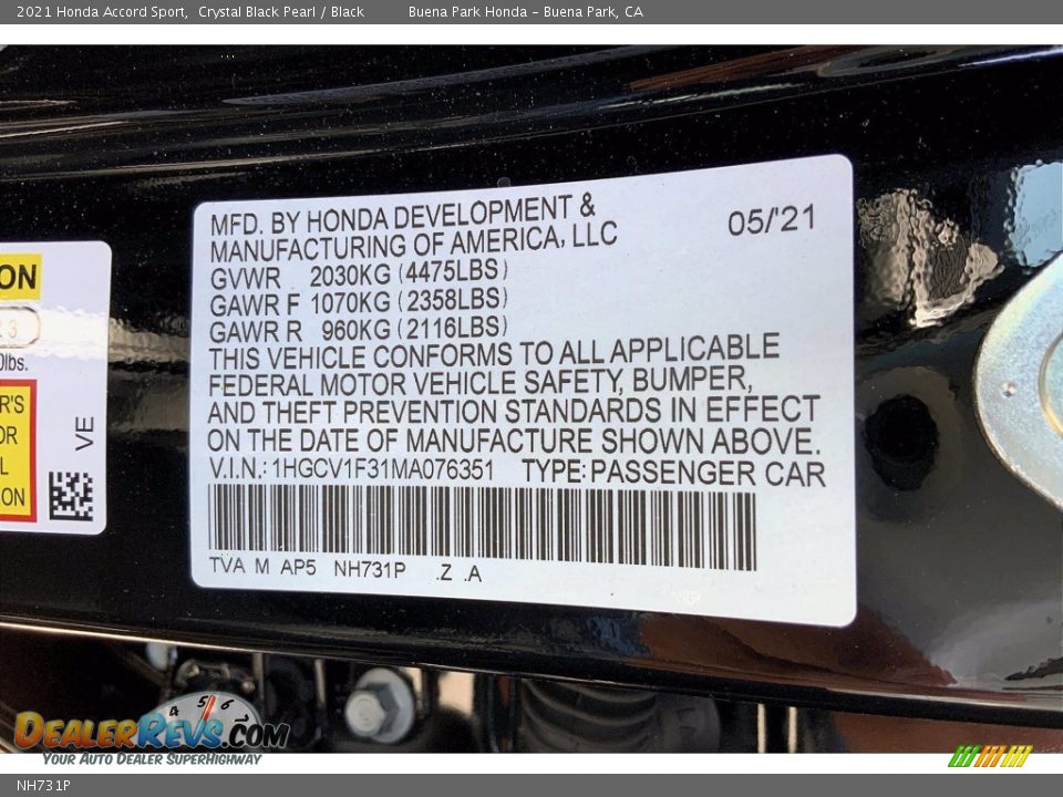 Honda Color Code NH731P Crystal Black Pearl