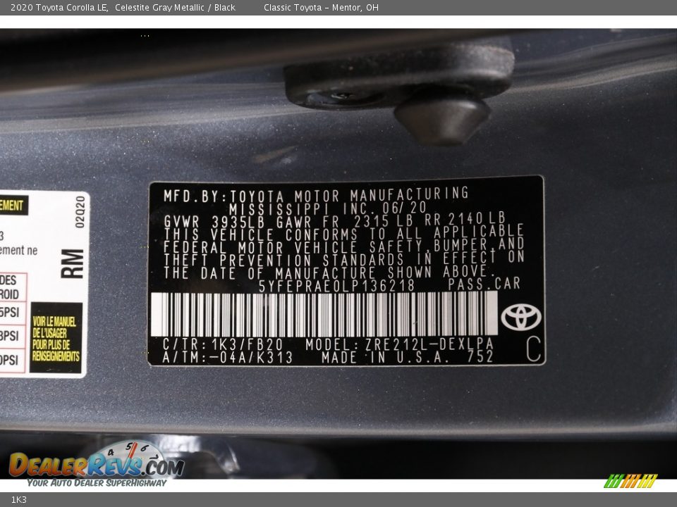 Toyota Color Code 1K3 Celestite Gray Metallic