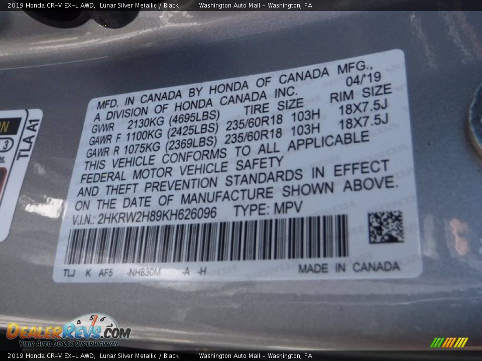 2019 Honda CR-V EX-L AWD Lunar Silver Metallic / Black Photo #29