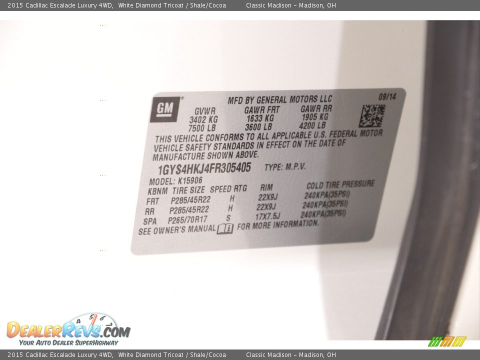 2015 Cadillac Escalade Luxury 4WD White Diamond Tricoat / Shale/Cocoa Photo #25