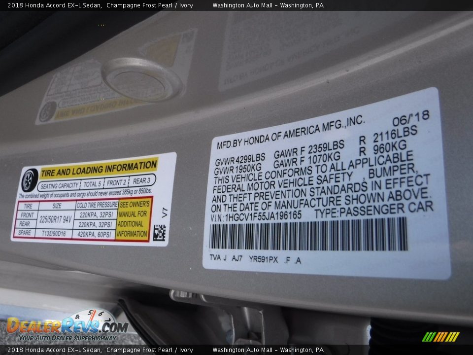 2018 Honda Accord EX-L Sedan Champagne Frost Pearl / Ivory Photo #32