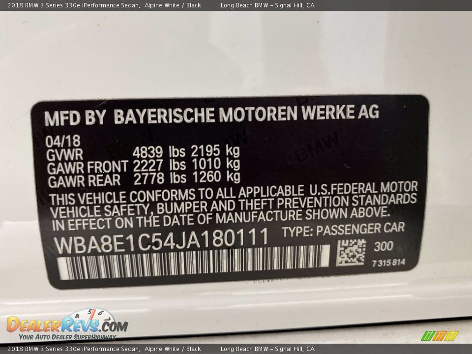 2018 BMW 3 Series 330e iPerformance Sedan Alpine White / Black Photo #36