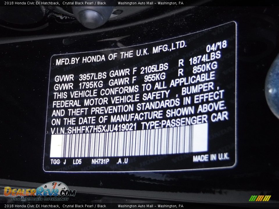 2018 Honda Civic EX Hatchback Crystal Black Pearl / Black Photo #27