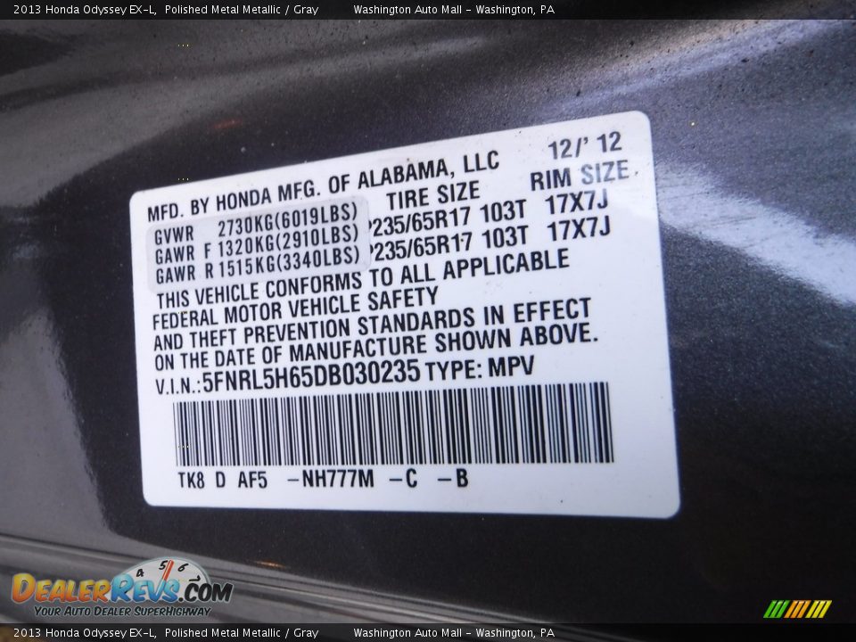 2013 Honda Odyssey EX-L Polished Metal Metallic / Gray Photo #31