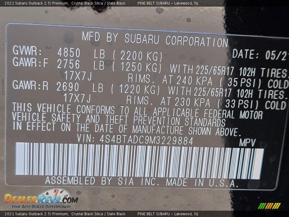 2021 Subaru Outback 2.5i Premium Crystal Black Silica / Slate Black Photo #14