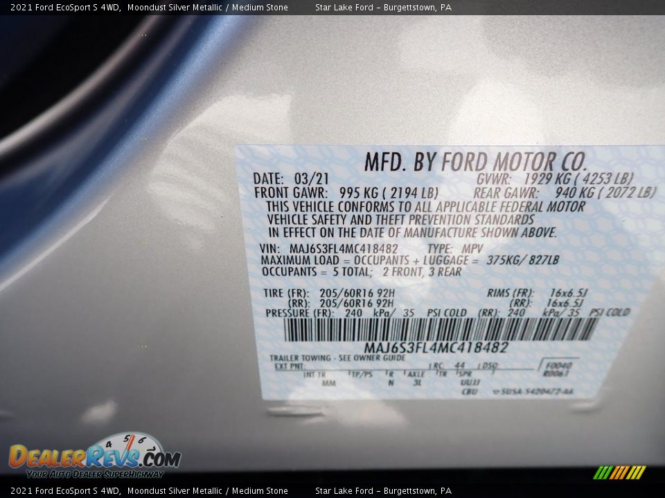 2021 Ford EcoSport S 4WD Moondust Silver Metallic / Medium Stone Photo #14