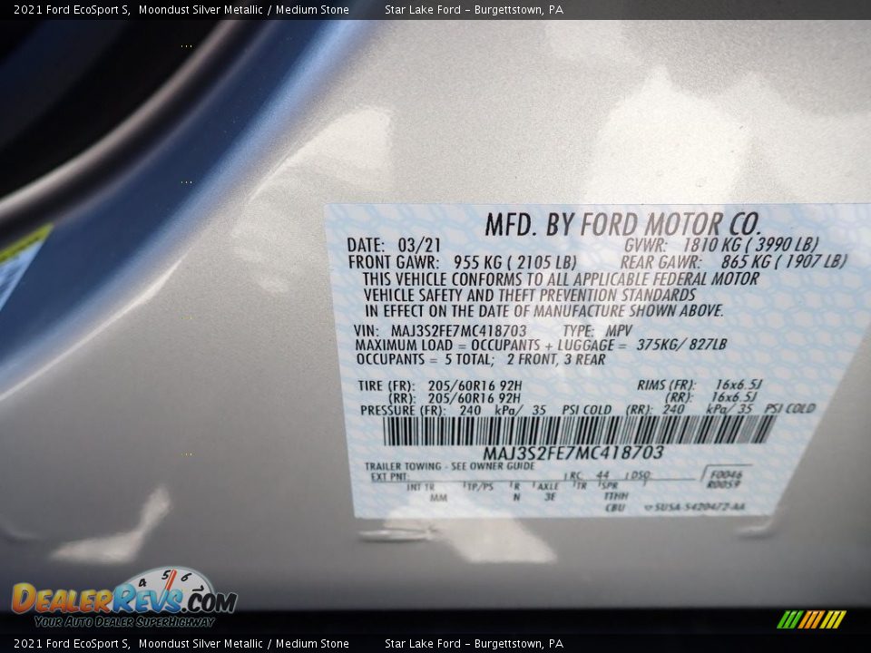 2021 Ford EcoSport S Moondust Silver Metallic / Medium Stone Photo #14