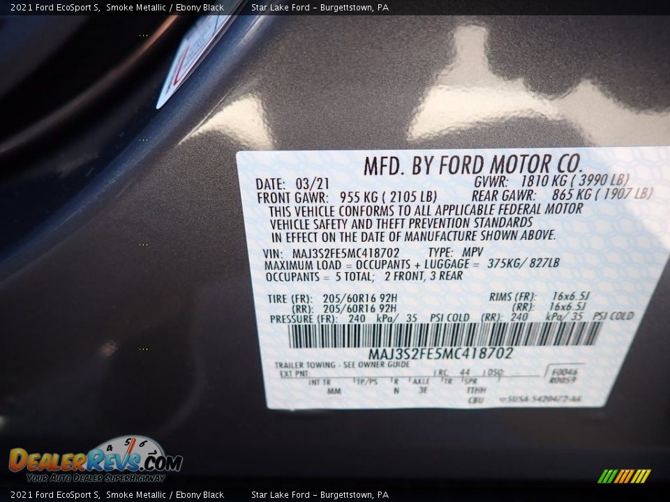 2021 Ford EcoSport S Smoke Metallic / Ebony Black Photo #14