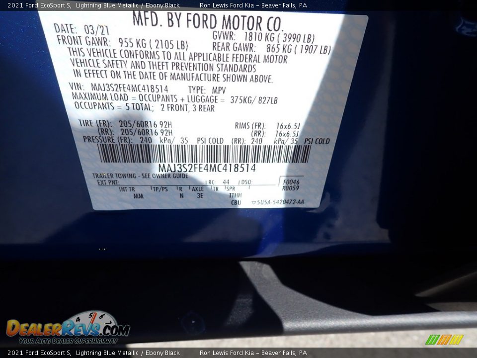 2021 Ford EcoSport S Lightning Blue Metallic / Ebony Black Photo #16