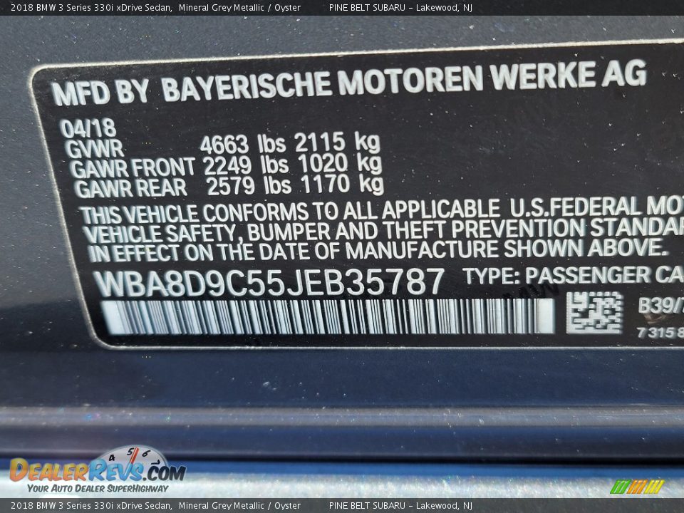 2018 BMW 3 Series 330i xDrive Sedan Mineral Grey Metallic / Oyster Photo #34