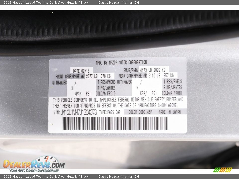 2018 Mazda Mazda6 Touring Sonic Silver Metallic / Black Photo #20