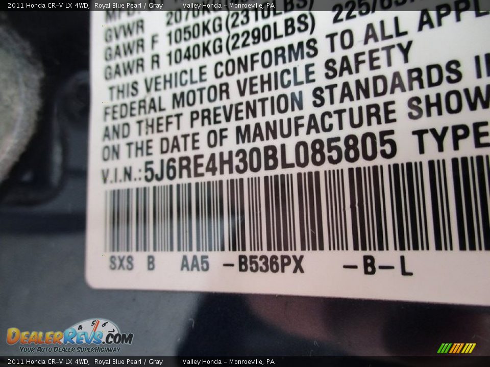 2011 Honda CR-V LX 4WD Royal Blue Pearl / Gray Photo #19