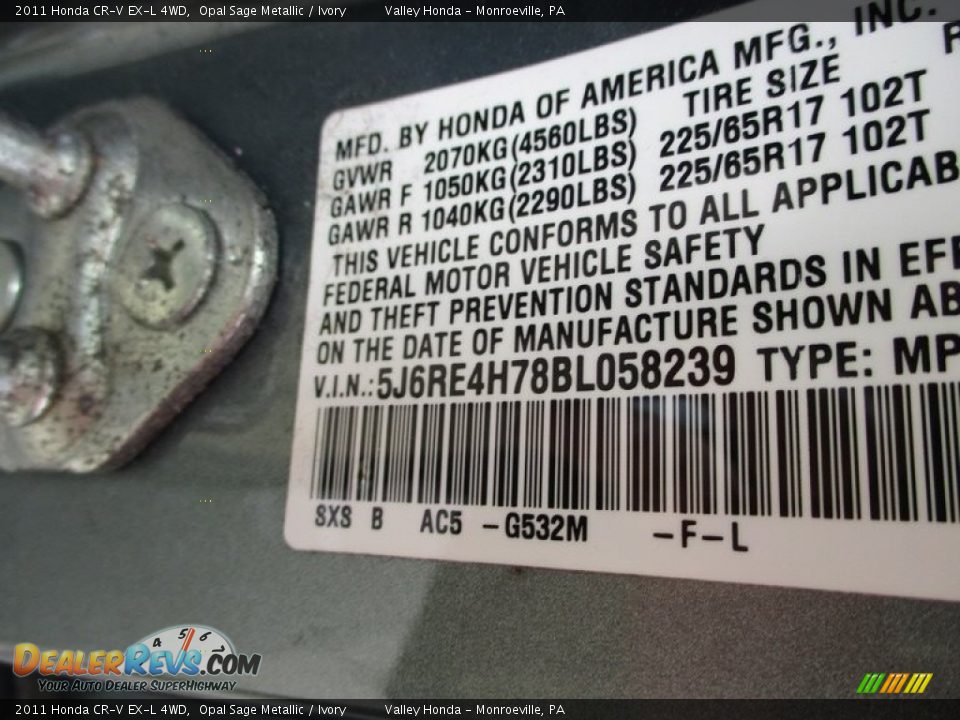 2011 Honda CR-V EX-L 4WD Opal Sage Metallic / Ivory Photo #19