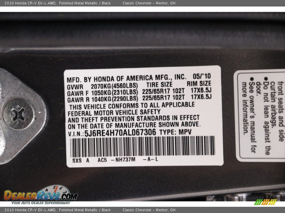 2010 Honda CR-V EX-L AWD Polished Metal Metallic / Black Photo #17