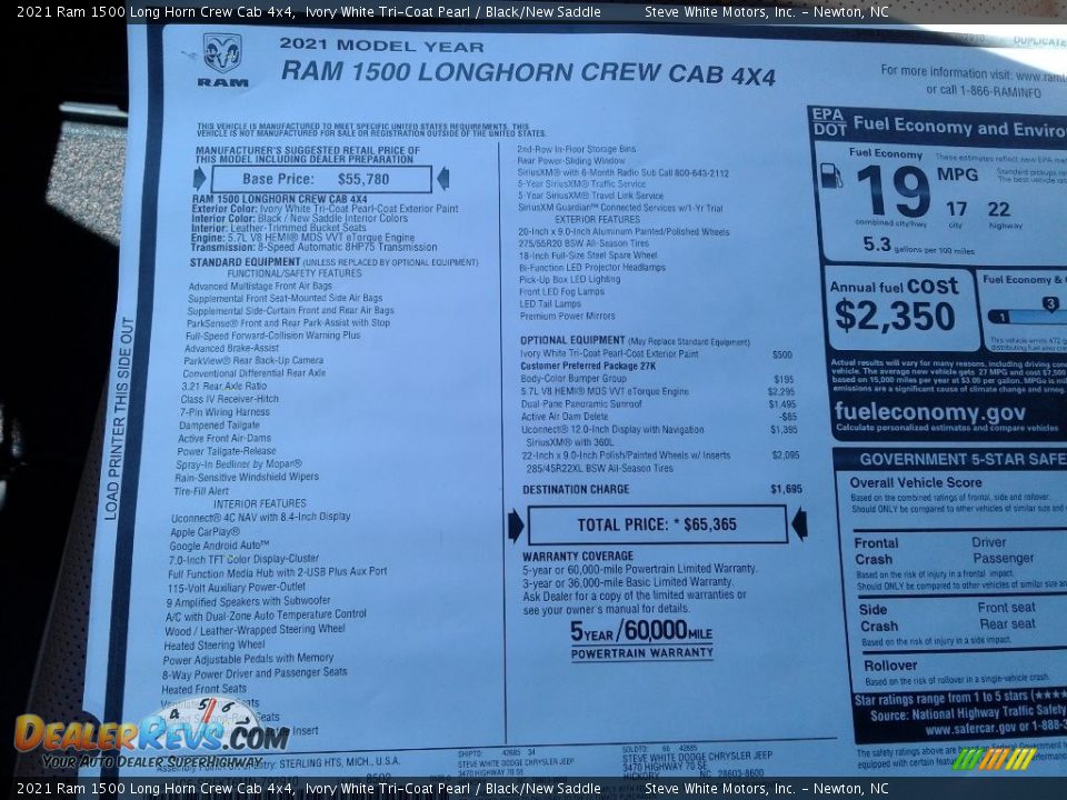 2021 Ram 1500 Long Horn Crew Cab 4x4 Ivory White Tri-Coat Pearl / Black/New Saddle Photo #34