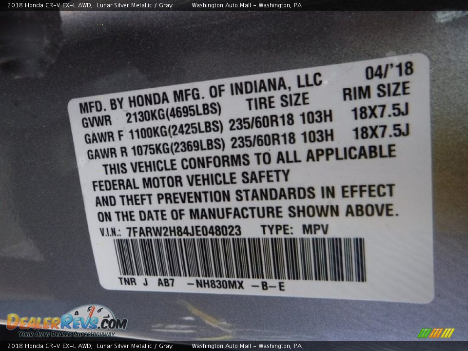 2018 Honda CR-V EX-L AWD Lunar Silver Metallic / Gray Photo #26