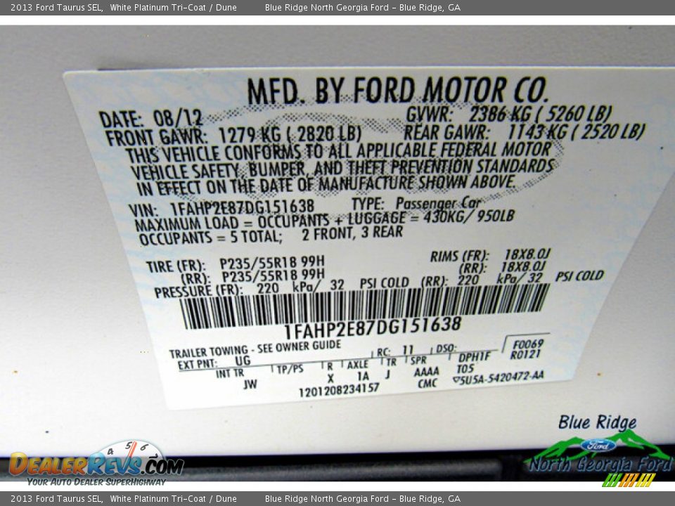 2013 Ford Taurus SEL White Platinum Tri-Coat / Dune Photo #24