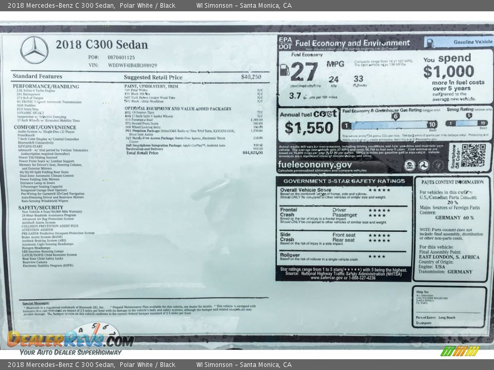 2018 Mercedes-Benz C 300 Sedan Polar White / Black Photo #10