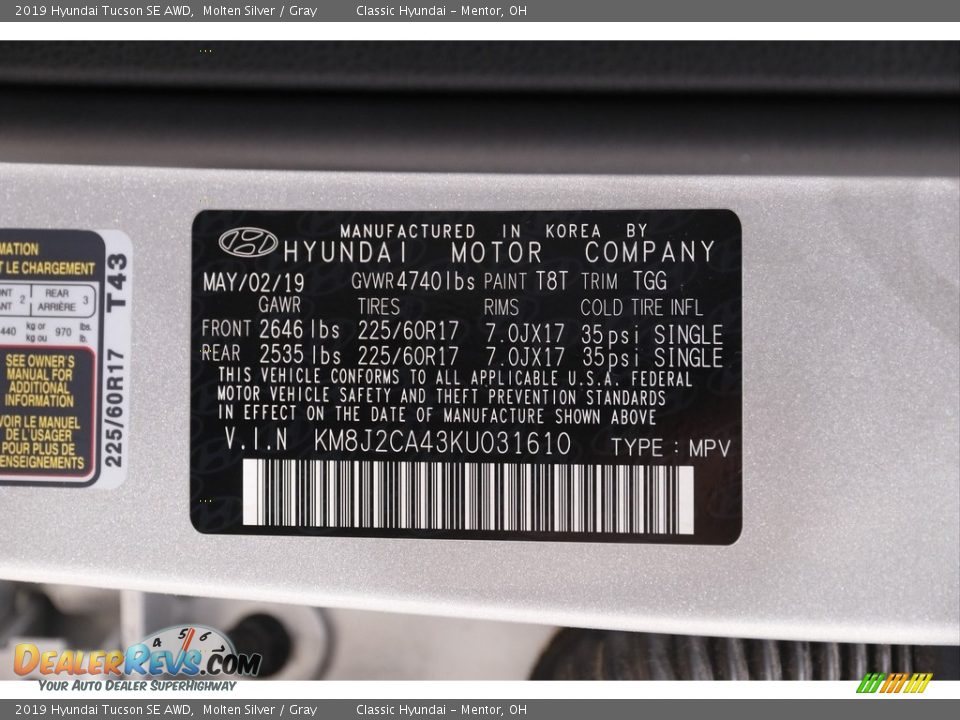 2019 Hyundai Tucson SE AWD Molten Silver / Gray Photo #19