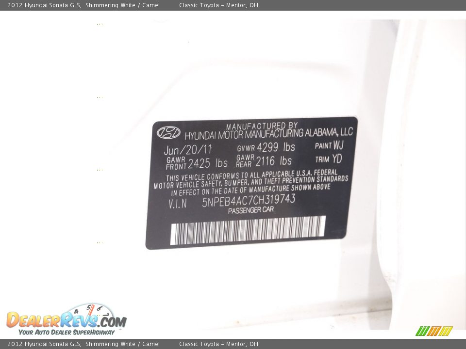 2012 Hyundai Sonata GLS Shimmering White / Camel Photo #17