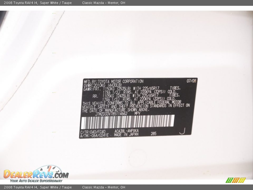 2008 Toyota RAV4 I4 Super White / Taupe Photo #15