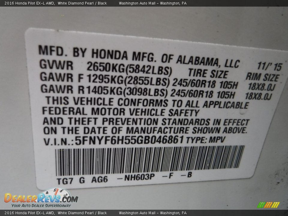 2016 Honda Pilot EX-L AWD White Diamond Pearl / Black Photo #31