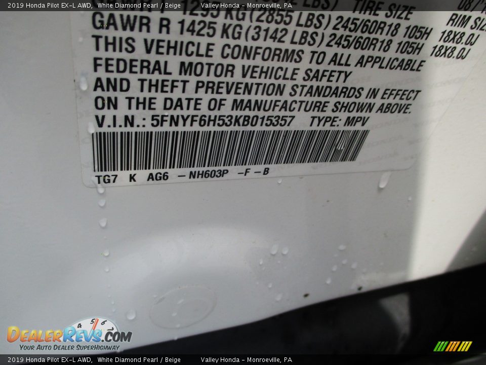 2019 Honda Pilot EX-L AWD White Diamond Pearl / Beige Photo #19