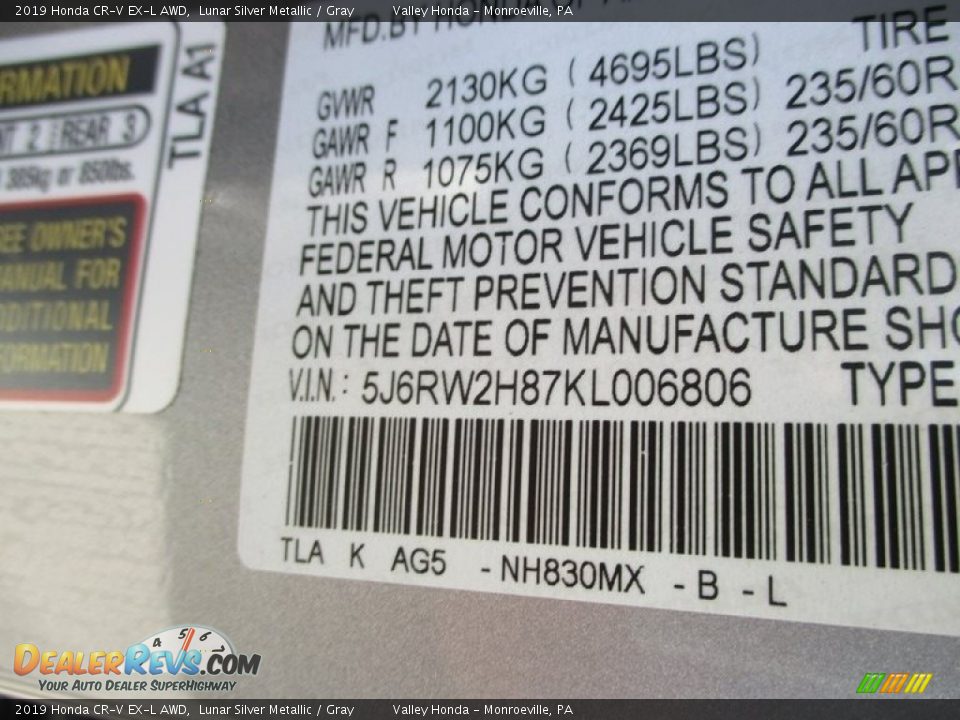 2019 Honda CR-V EX-L AWD Lunar Silver Metallic / Gray Photo #19