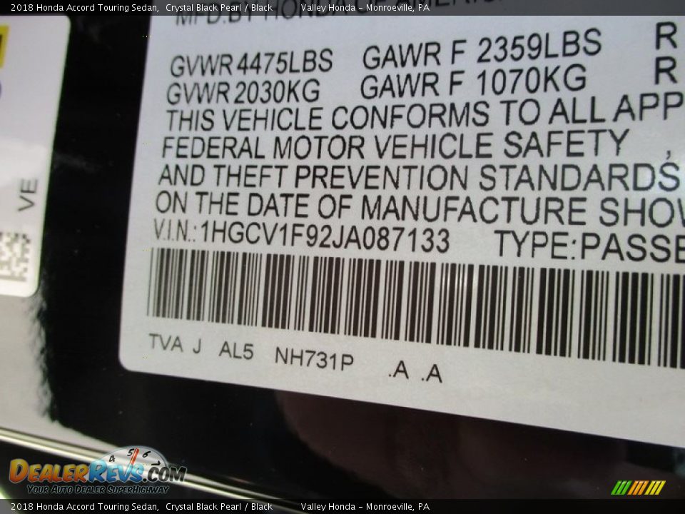 2018 Honda Accord Touring Sedan Crystal Black Pearl / Black Photo #19