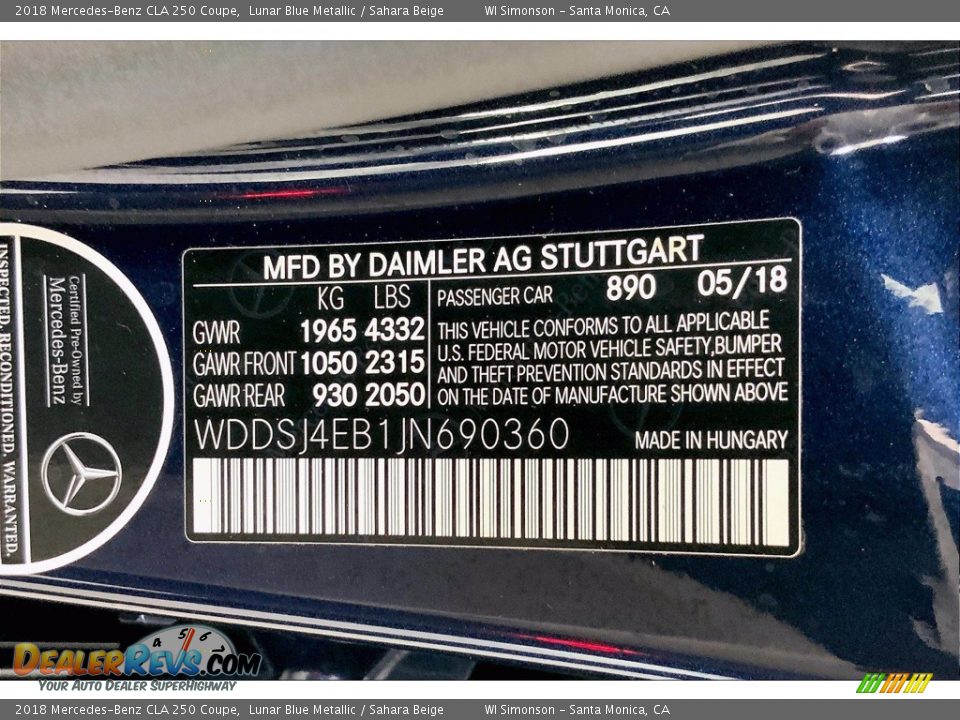 2018 Mercedes-Benz CLA 250 Coupe Lunar Blue Metallic / Sahara Beige Photo #33