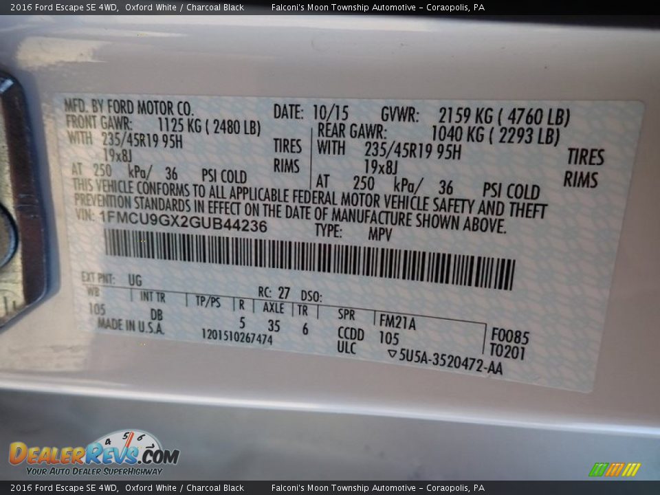 2016 Ford Escape SE 4WD Oxford White / Charcoal Black Photo #27