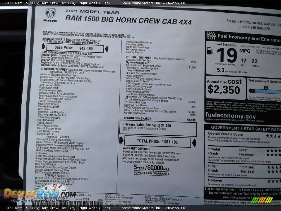 2021 Ram 1500 Big Horn Crew Cab 4x4 Bright White / Black Photo #30