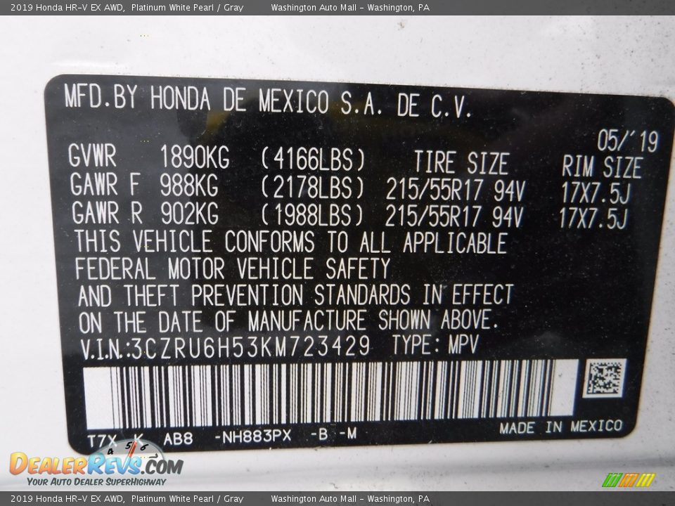 2019 Honda HR-V EX AWD Platinum White Pearl / Gray Photo #27
