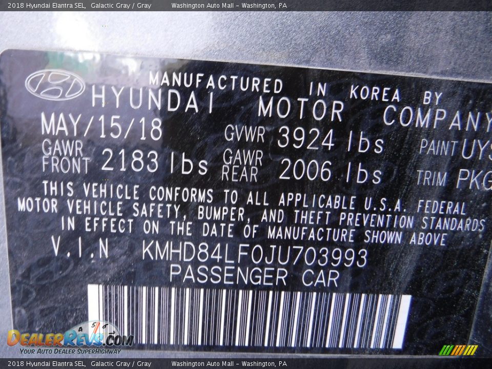 2018 Hyundai Elantra SEL Galactic Gray / Gray Photo #27