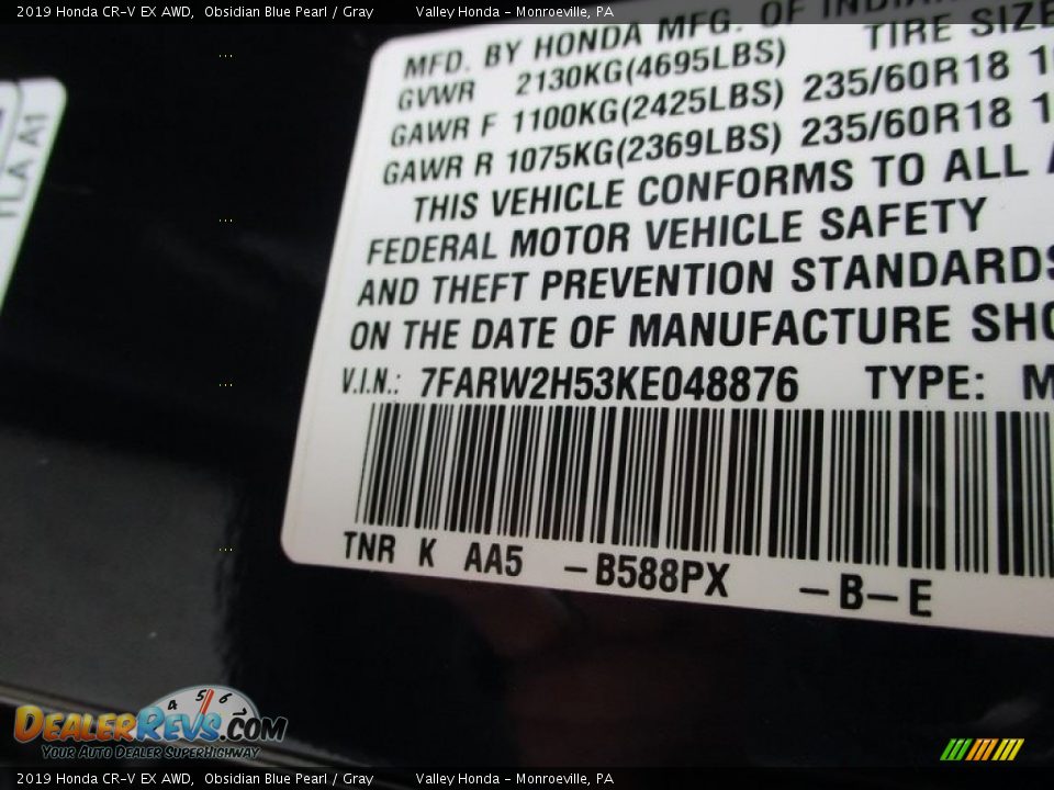 2019 Honda CR-V EX AWD Obsidian Blue Pearl / Gray Photo #19