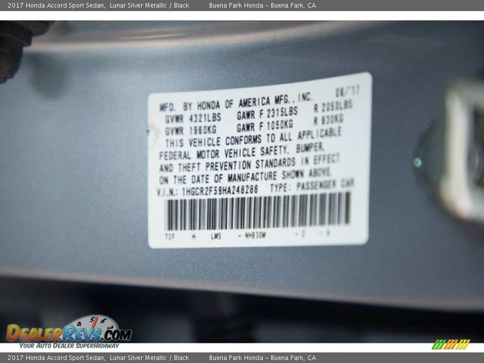 2017 Honda Accord Sport Sedan Lunar Silver Metallic / Black Photo #34