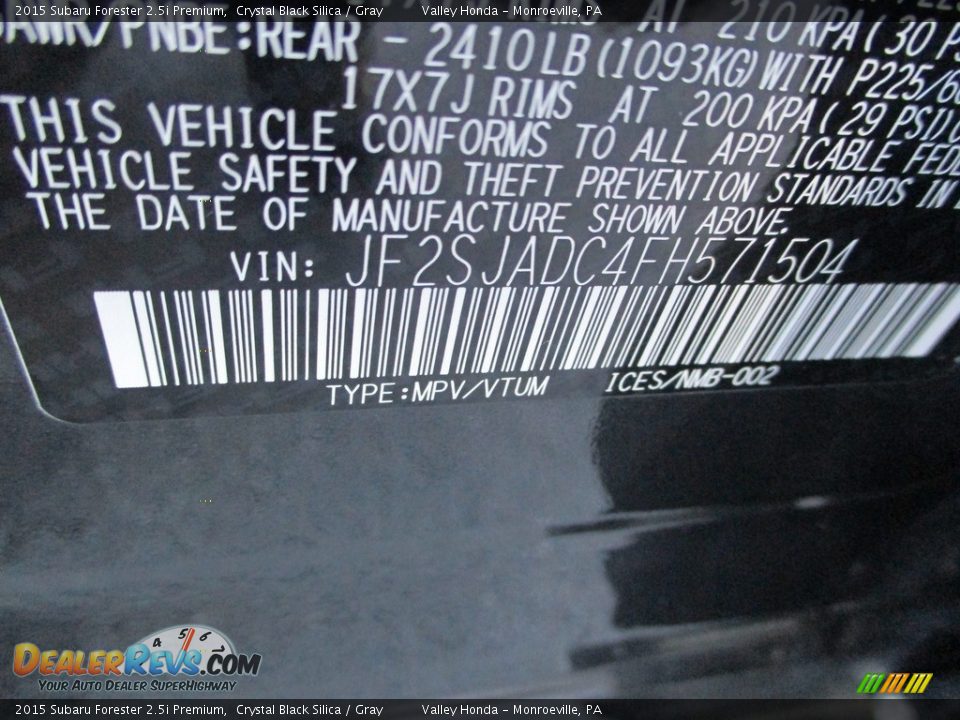 2015 Subaru Forester 2.5i Premium Crystal Black Silica / Gray Photo #19