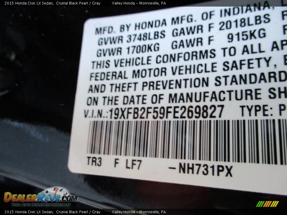 2015 Honda Civic LX Sedan Crystal Black Pearl / Gray Photo #19