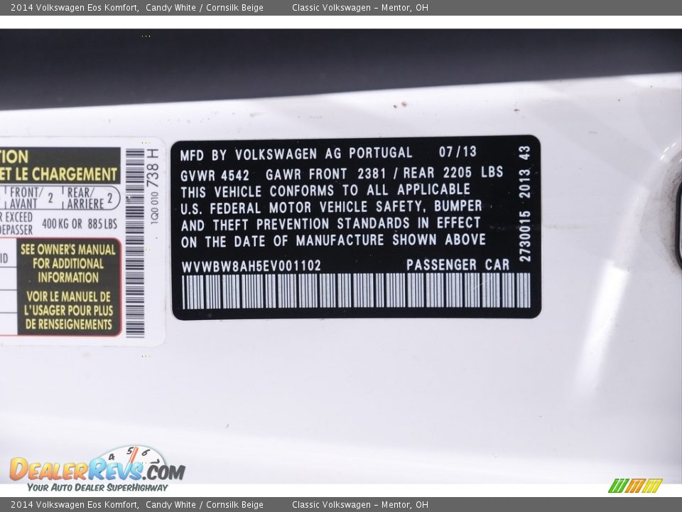 2014 Volkswagen Eos Komfort Candy White / Cornsilk Beige Photo #19