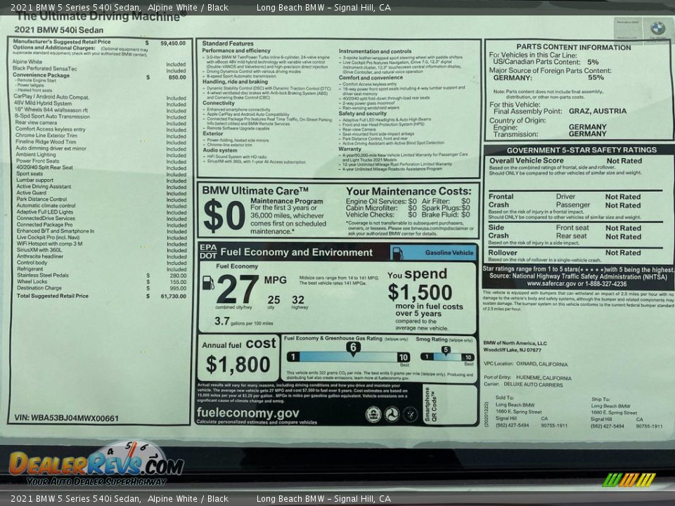 2021 BMW 5 Series 540i Sedan Alpine White / Black Photo #25