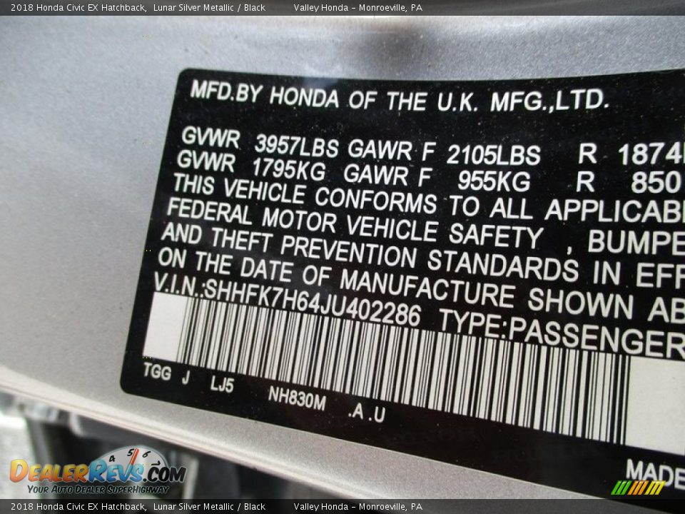 2018 Honda Civic EX Hatchback Lunar Silver Metallic / Black Photo #19