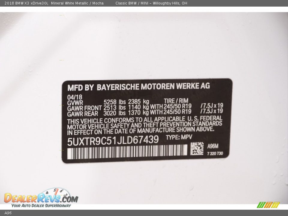 BMW Color Code A96 Mineral White Metallic