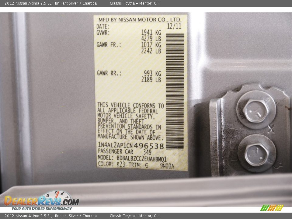 2012 Nissan Altima 2.5 SL Brilliant Silver / Charcoal Photo #17