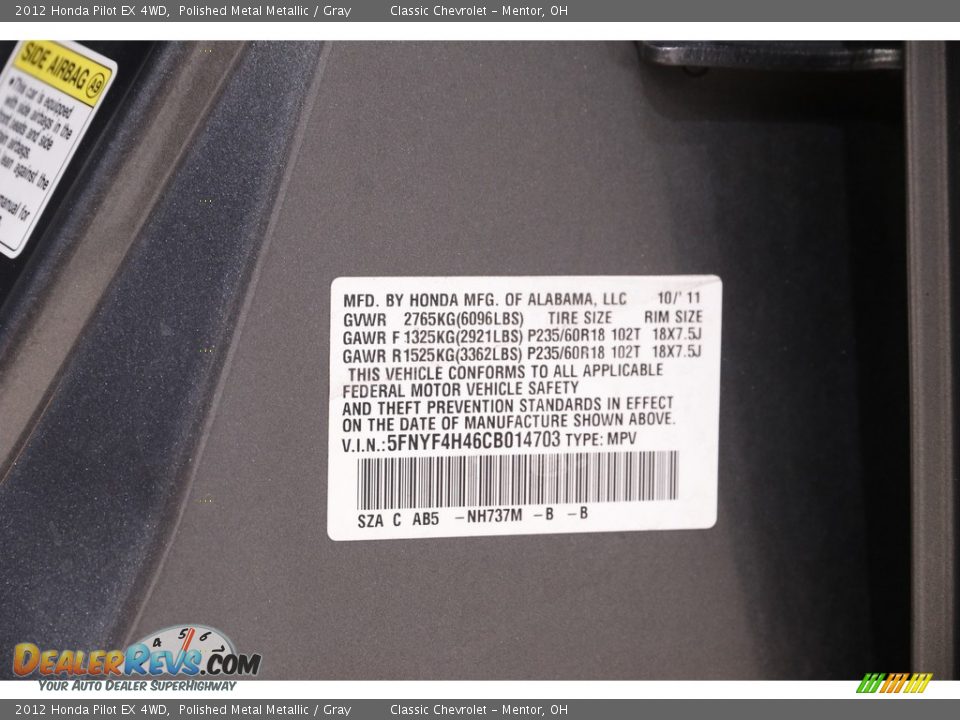 2012 Honda Pilot EX 4WD Polished Metal Metallic / Gray Photo #20