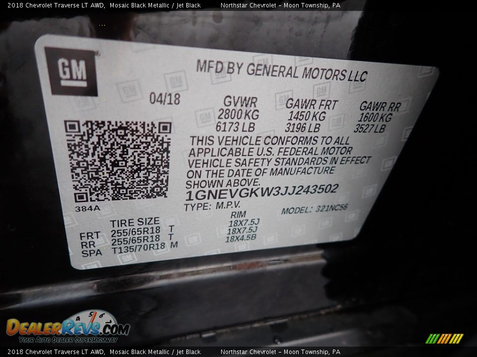 2018 Chevrolet Traverse LT AWD Mosaic Black Metallic / Jet Black Photo #28