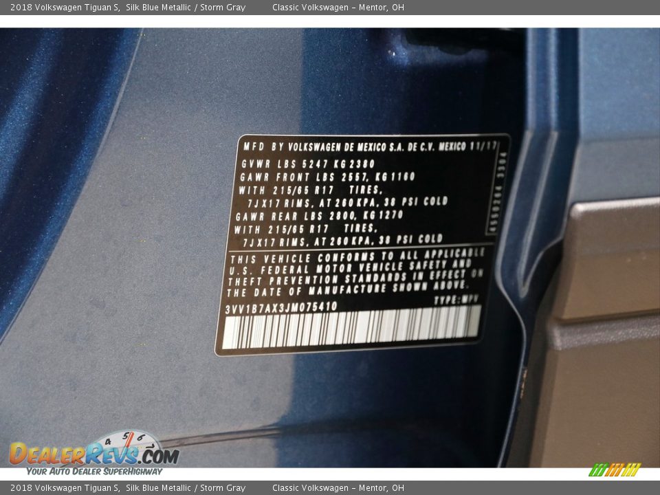 2018 Volkswagen Tiguan S Silk Blue Metallic / Storm Gray Photo #18