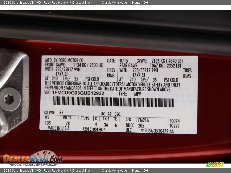 2016 Ford Escape SE 4WD Ruby Red Metallic / Charcoal Black Photo #18