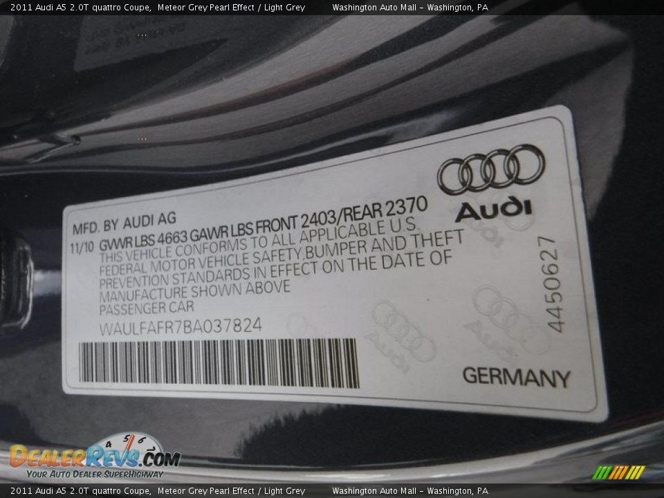 2011 Audi A5 2.0T quattro Coupe Meteor Grey Pearl Effect / Light Grey Photo #29